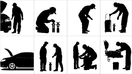 Black Solid Mechanic Replacing Car Spark Plugs Silhouettes isolated on plain white background.のイラスト素材
