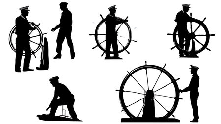 Six Black Solid Steering Yacht with Wheel Silhouettes isolated on plain white background.のイラスト素材