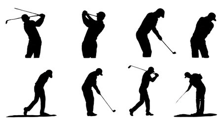 Six Dynamic Black Solid Sidehill Lie Golf Shot isolated on plain white background.のイラスト素材