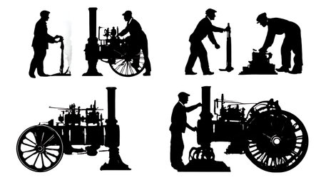 Old-Fashioned Steam Engine Mechanic Silhouette Collection isolated on plain white background.のイラスト素材