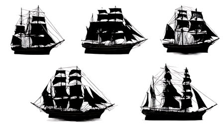 Set of Six Black Solid Tall Ship with Furled Sails isolated on plain white background.のイラスト素材