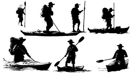 Six Black Solid Tired but Accomplished Kayaker isolated on plain white background.のイラスト素材