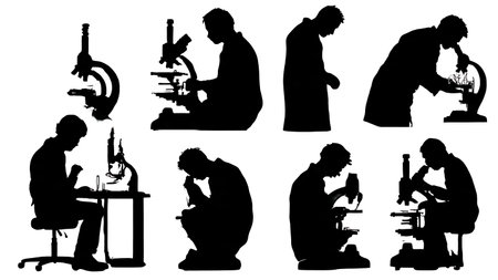 Set of Six Black Solid Developmental Biologist Silhouettes isolated on plain white background.のイラスト素材