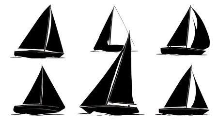 Six Black Solid Sailboat Mark Rounding Silhouettes isolated on plain white background.のイラスト素材