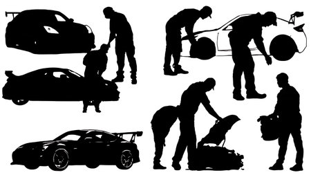 Car Performance Upgrade Installation Silhouette Collection isolated on plain white background.のイラスト素材