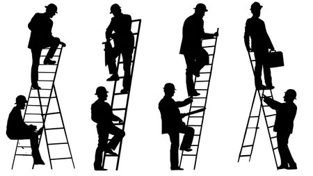 Black Solid Architect Climbing Ladder Silhouettes Set of Six on White Background isolated on plain white background.のイラスト素材