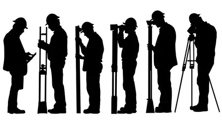Black Solid Architect Surveying Silhouettes Set of Six on White Background isolated on plain white background.のイラスト素材
