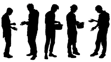 Black Solid Artist Washing Hands Silhouettes Set of Six on White Background isolated on plain white background.のイラスト素材