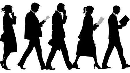 Black Solid Architect Phone Walk Silhouettes Set of Six on White Background isolated on plain white background.のイラスト素材
