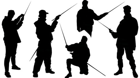 Black Solid Artist Mahl Stick Silhouettes Set of Six on White Background isolated on plain white background.のイラスト素材