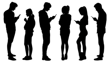 Black Solid Blogger Smart Watch Silhouettes Set of Six on White Background isolated on plain white background.のイラスト素材