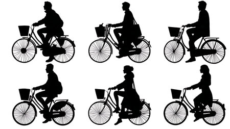 Black Solid Blogger Bicycle Silhouettes Set of Six on White Background isolated on plain white background.のイラスト素材