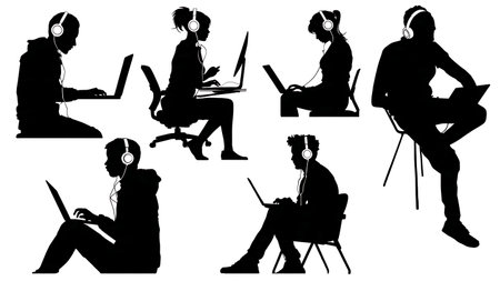 Black Solid Blogger Editing Silhouettes Set of Six on White Background isolated on plain white background.のイラスト素材