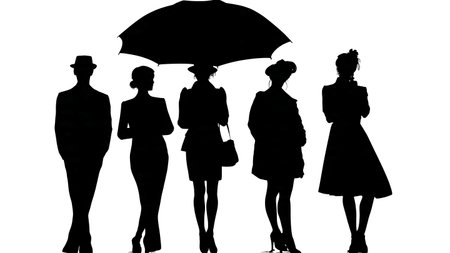 Black Solid Blogger Umbrella Rain Silhouettes Set of Six on White Background isolated on plain white background.のイラスト素材