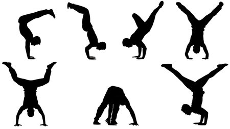 Black Solid Blogger Handstand Silhouettes Set of Six on White Background isolated on plain white background.のイラスト素材