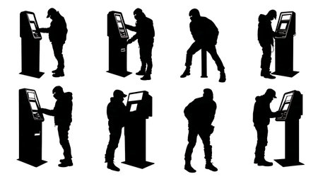 Black Solid ATM Hacker Silhouettes Set of Six on White Background isolated on plain white background.のイラスト素材