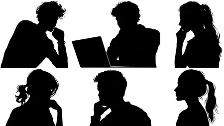 Black Solid Blogger Thinking Laptop Silhouettes Set of Six on White Background isolated on plain white background.のイラスト素材