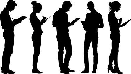 Black Solid Blogger Tablet Stylus Silhouettes Set of Six on White Background isolated on plain white background.のイラスト素材