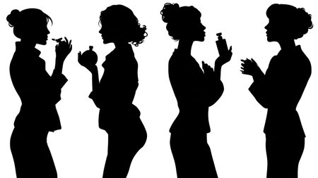 Black Solid Blogger Perfume Spray Silhouettes Set of Six on White Background isolated on plain white background.のイラスト素材