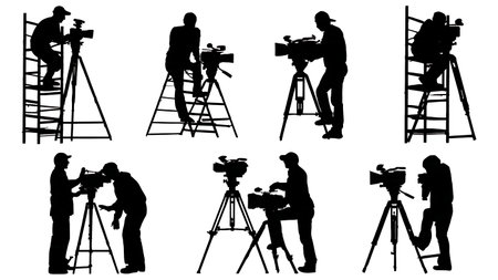 Black Solid Cameraman Climbing Silhouettes Set of Six on White Background isolated on plain white background.のイラスト素材