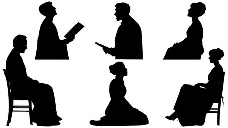 Black Solid Choir Seated Look Silhouettes Set of Six on White Background isolated on plain white background.のイラスト素材