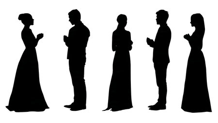 Black Solid Choir Hands Clasped Silhouettes Set of Six on White Background isolated on plain white background.のイラスト素材