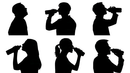 Black Solid Choir Drinking Water Silhouettes Set of Six on White Background isolated on plain white background.のイラスト素材