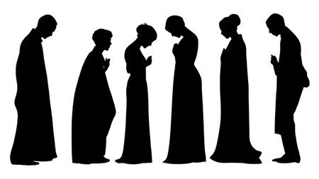 Black Solid Choir Mutual Bow Silhouettes Set of Six on White Background isolated on plain white background.のイラスト素材