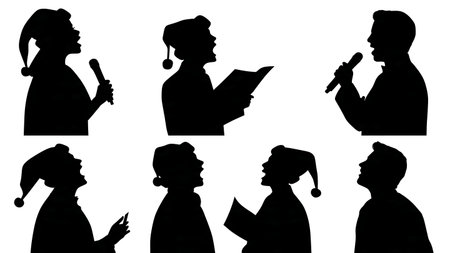 Black Solid Choir Santa Hat Silhouettes Set of Six on White Background isolated on plain white background.のイラスト素材