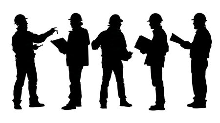 Black Solid Engineer Holding Key Silhouettes Set of Six on White Background isolated on plain white background.のイラスト素材