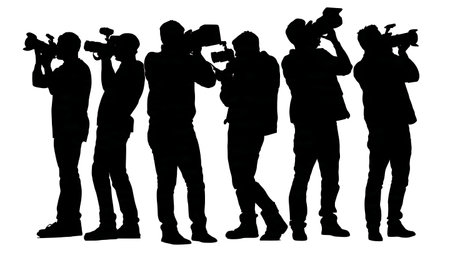 Black Solid Concert Videographer Silhouettes Set of Six on White Background isolated on plain white background.のイラスト素材