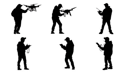 Black Solid Drone Hacker Silhouettes Set of Six on White Background isolated on plain white background.のイラスト素材
