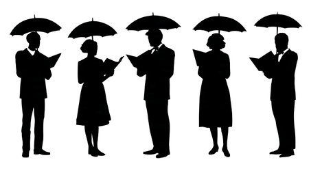 Black Solid Choir Rain Protection Silhouettes Set of Six on White Background isolated on plain white background.のイラスト素材