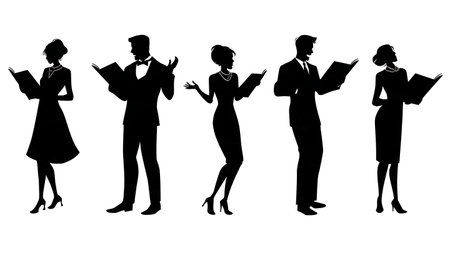 Black Solid Choir Expressive Silhouettes Set of Six on White Background isolated on plain white background.のイラスト素材
