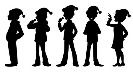 Black Solid Choir Santa Hat Silhouettes Set of Six on White Background isolated on plain white background.のイラスト素材