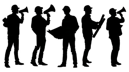 Black Solid Engineer Megaphone Silhouettes Set of Six on White Background isolated on plain white background.のイラスト素材