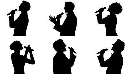 Black Solid Choir Soloist Silhouettes Set of Six on White Background isolated on plain white background.のイラスト素材