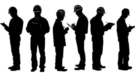 Black Solid Engineer Audit Clipboard Silhouettes Set of Six on White Background isolated on plain white background.のイラスト素材