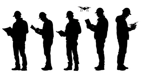 Black Solid Engineer Drone Controller Silhouettes Set of Six on White Background isolated on plain white background.のイラスト素材