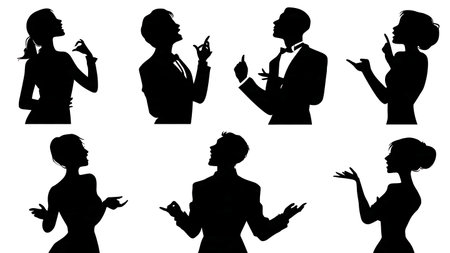 Black Solid Choir Snapping Silhouettes Set of Six on White Background isolated on plain white background.のイラスト素材
