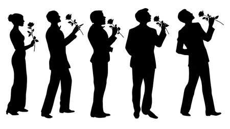 Black Solid Choir Rose Mouth Silhouettes Set of Six on White Background isolated on plain white background.のイラスト素材