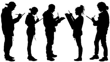 Black Solid Digital Painter Stylus Silhouettes Set of Six on White Background isolated on plain white background.のイラスト素材