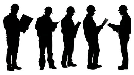 Black Solid Engineer Blueprint Sun Silhouettes Set of Six on White Background isolated on plain white background.のイラスト素材