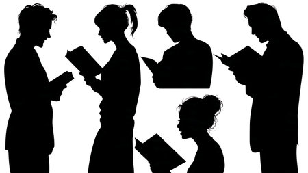 Black Solid Choir Looking Down Silhouettes Set of Six on White Background isolated on plain white background.のイラスト素材