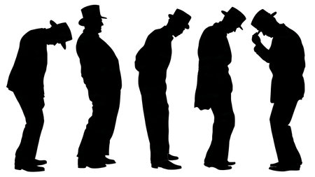 Black Solid Conductor Bowing Silhouettes Set of Six on White Background isolated on plain white background.のイラスト素材