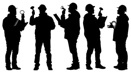 Black Solid Engineer Flashlight Silhouettes Set of Six on White Background isolated on plain white background.のイラスト素材