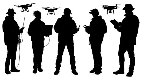 Black Solid Drone Hacker Silhouettes Set of Six on White Background isolated on plain white background.のイラスト素材