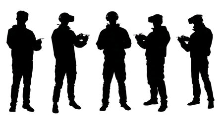 Black Solid Drone Pilot Silhouettes Set of Six on White Background isolated on plain white background.のイラスト素材