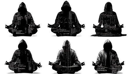Black Solid Hacker Meditating Silhouettes Set of Six on White Background isolated on plain white background.のイラスト素材