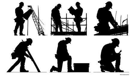 Black Solid Engineer Welding Inspect Silhouettes Set of Six on White Background isolated on plain white background.のイラスト素材